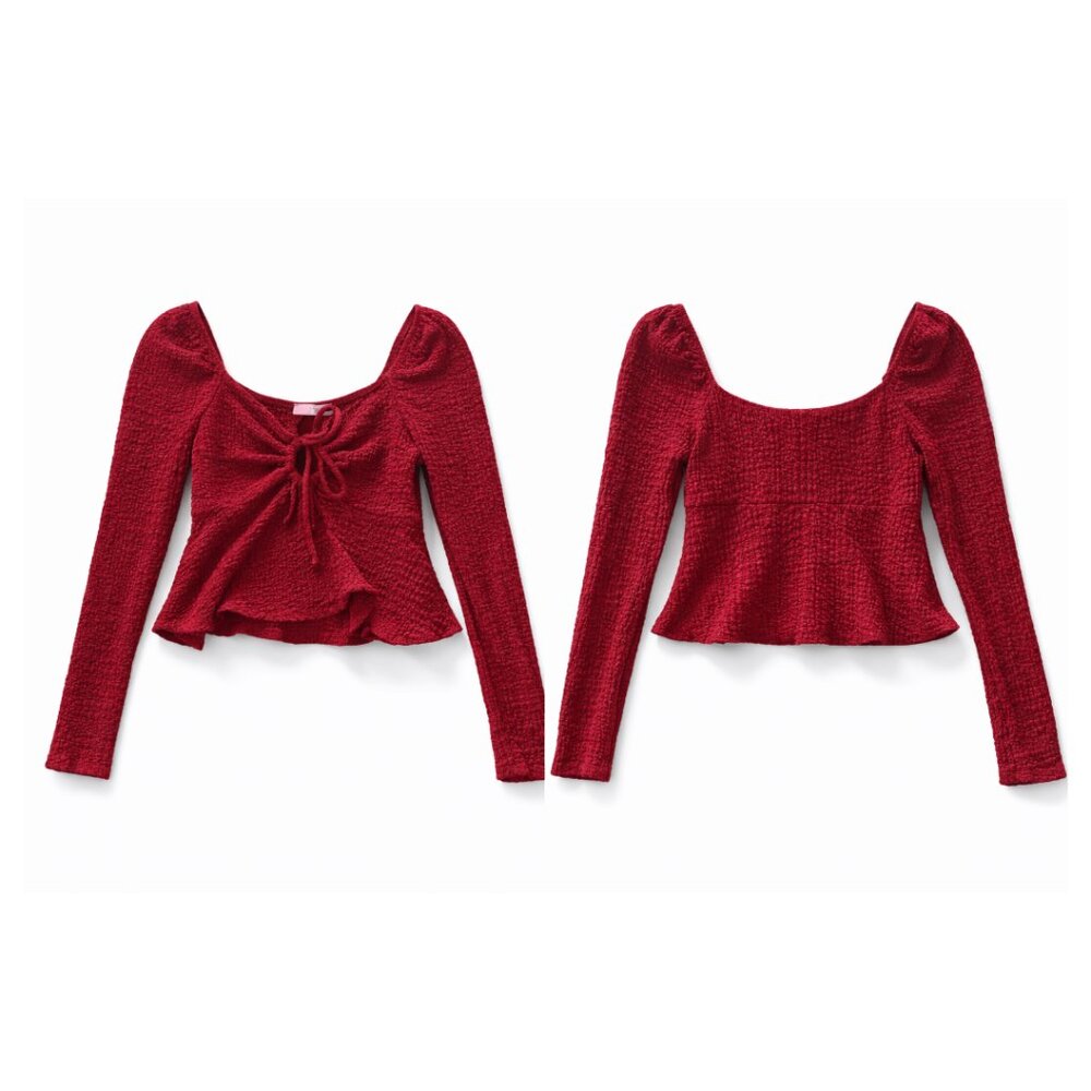 Red Textured Long Sleeve Peplum Top